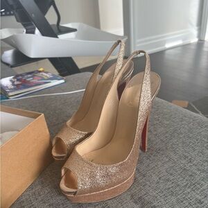 Christian Louboutin Gold Glitter Peep-Toe Slingback Heels